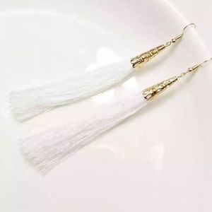 Boho White & Gold Tassel French Hook Earrings